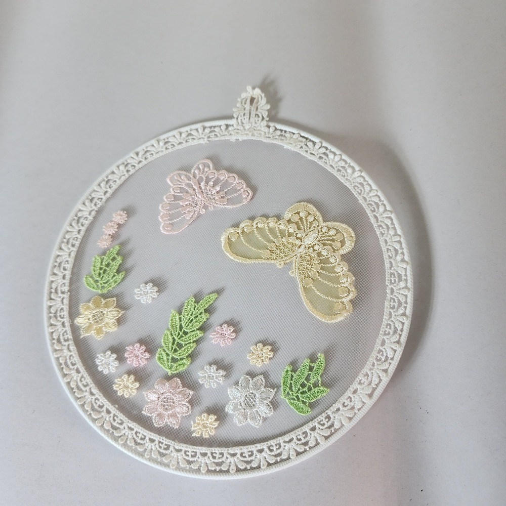 Vintage Lace Butterfly Floral Mesh Wall Hanging Decor Pastel Cottagecore Round